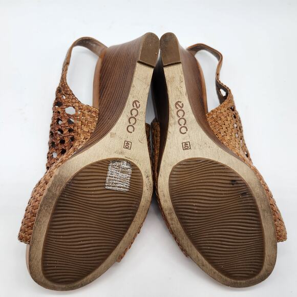 Ecco Open Peep Toe Wedge Sandals EU 40 US 9-9.5 Brown Leather Woven - Picture 7 of 8